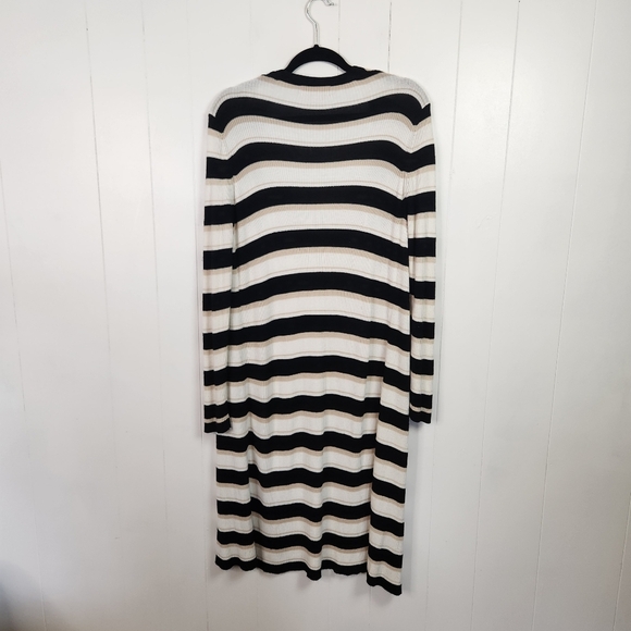 Philosophy Ribbed Open Front Long Cardigan Sweater Navy Stripe Size Large Office - Picture 2 of 5